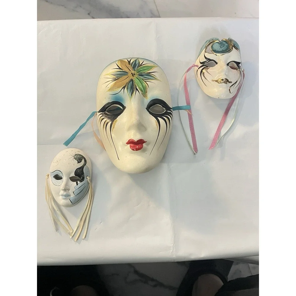 Vintage Ceramic Masquerade Wall Masks Set of‎ 3 | Venetian Style | Gold BinA